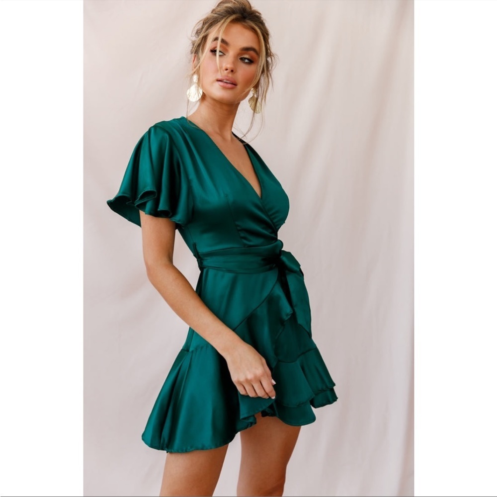 Saints + Secrets Emerald Sateen Silky Green Dress Jade Ruffle Wrap Flowy